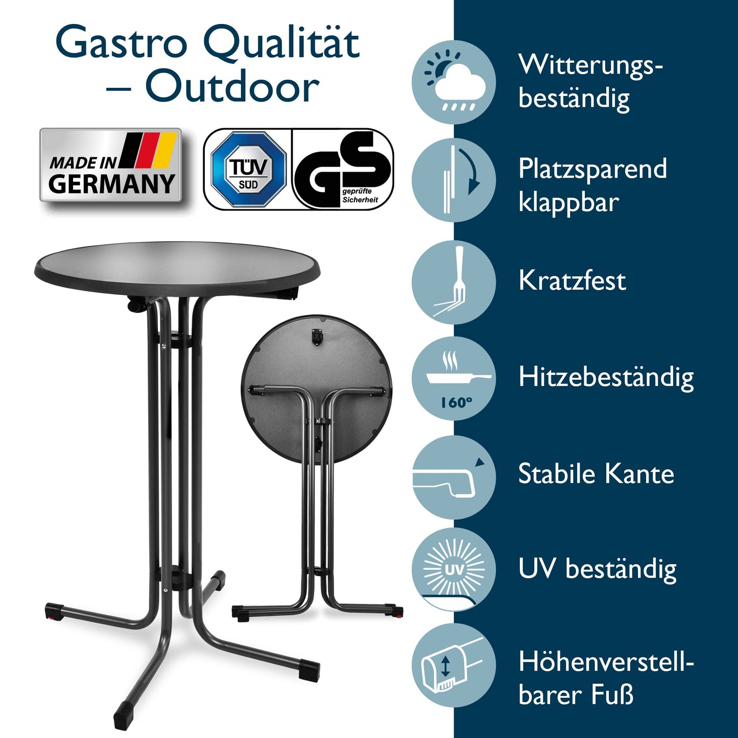 Beautissu Stehtisch Klappbar 70 cm Sylt – Stehtisch Outdoor Höhenverstellbar Hitze- & Wetterbeständig leichte Montage TÜV – Klapptisch Partytisch Kratzfest Bartisch Bistrotisch Outdoor Rund Anthrazit