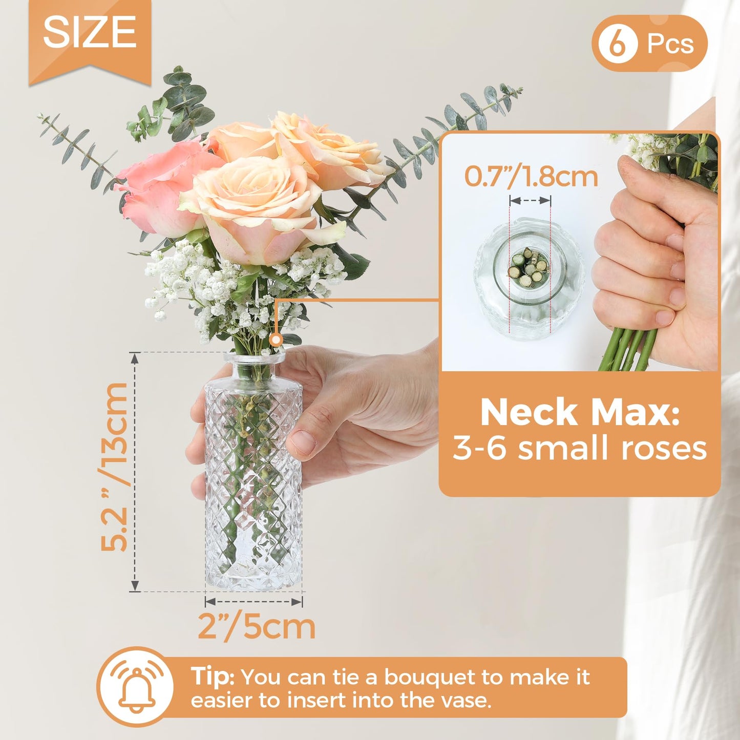 ComSaf Vase Klein Set 6-Teilig, Blumenvase, Vasen Deko Set, Kleine Glasvasen für Tischdeko, Mini Vasen Glas, Hochzeitsdeko, Diamant Knospenvasen, Teelichtgläser, 13cm Hoch, Transparent