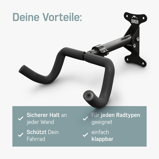 Borgen Fahrrad Wandhalterung, klappbar, 20 kg Tragkraft, einstellbarer Winkel und Wandabstand, für MTB, Rennrad, Schwarz