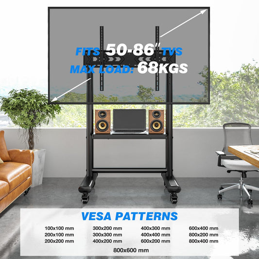 RFIVER TV Ständer Rollbar mit Ablage Für 50 bis 86 Zoll Flach & Curved Fernseher, Höhenverstellbarer TV Bodenständer mit Rollen Mobiler Fernsehständer Schwarz TV Wagen bis 68kg Max. VESA 800x600mm