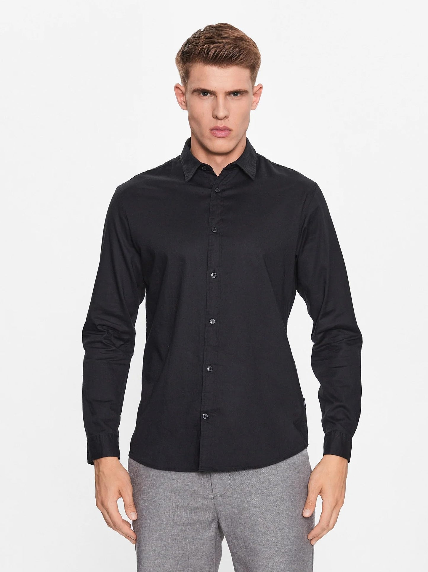 JACK&JONES Hemd Slim Fit Business Shirt Weiches Langarm Twill Oberteil aus Baumwolle JJEGINGHAM, Größe Hemd:L,Farben:Schwarz