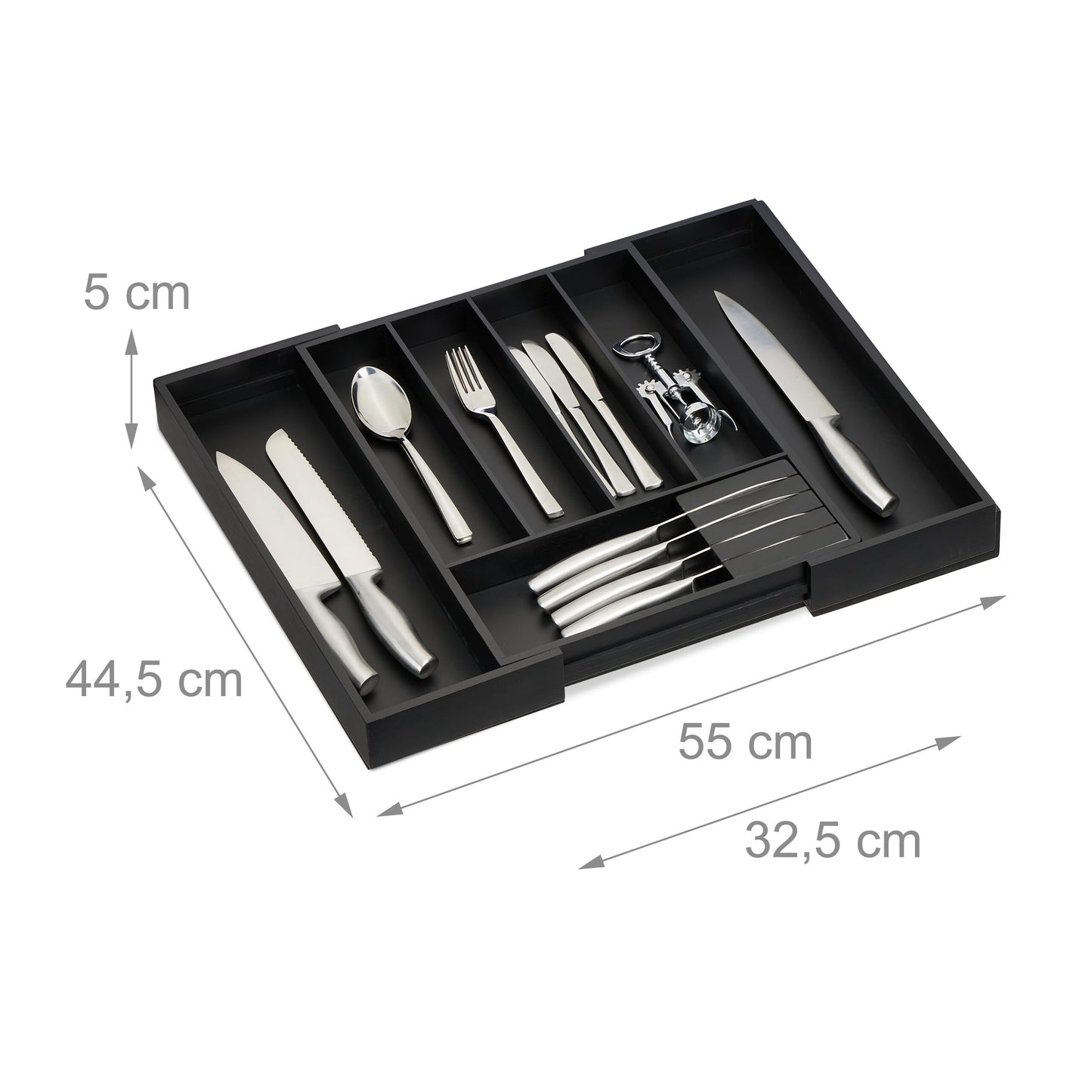 Relaxdays Besteckkasten ausziehbar, Bambus, HBT: 5 x 32,5-55 x 44,5 cm, 5-7 Fächer, Besteckfach mit Messerblock, schwarz, 1 Stück