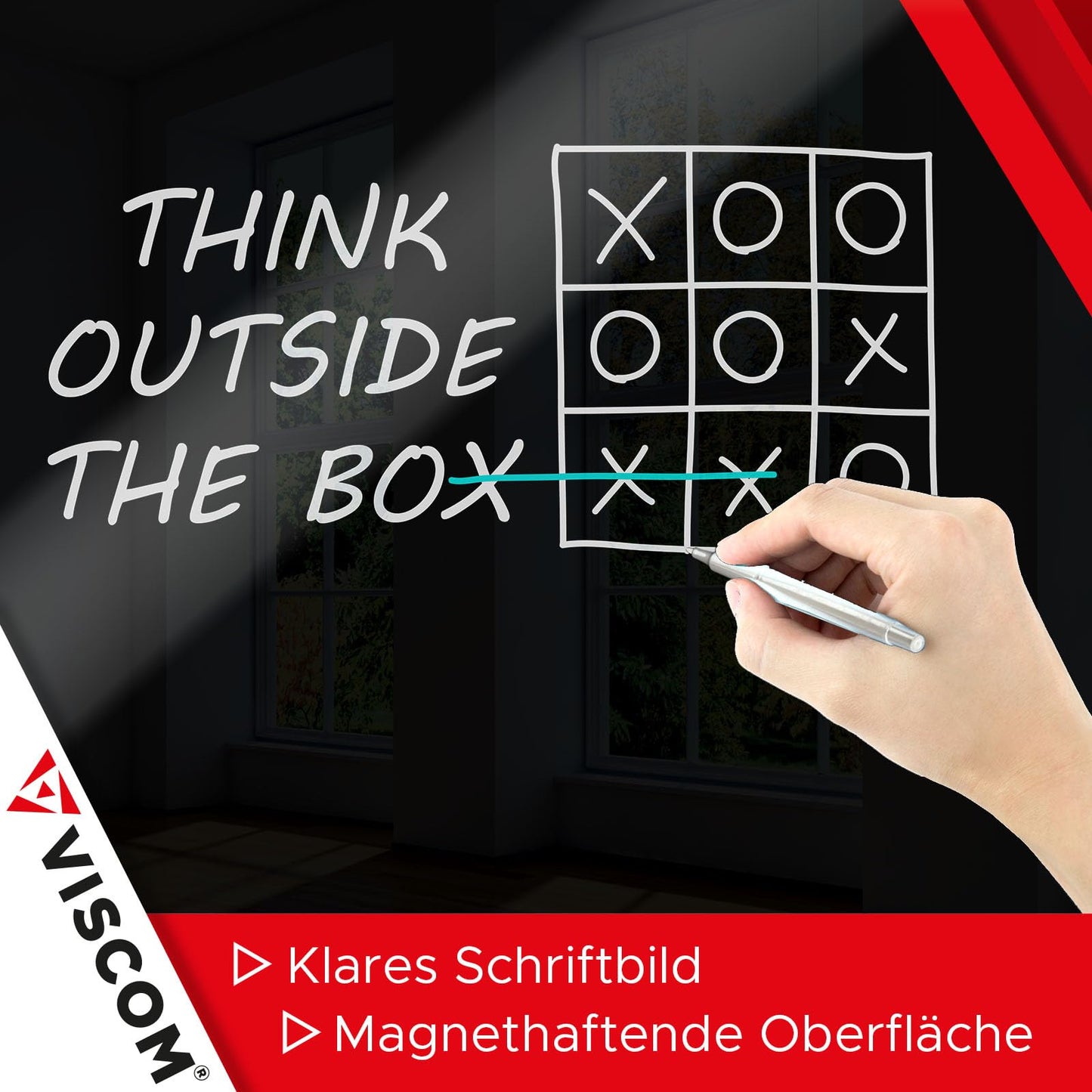 VISCOM Glas-Magnettafel - 65 x 100 cm in sattem Schwarz - rahmenlose Magnetwand - Memoboard magnetisch, beschreibbar & trocken abwischbar - inkl. Magnete, Stift, Tafellöscher