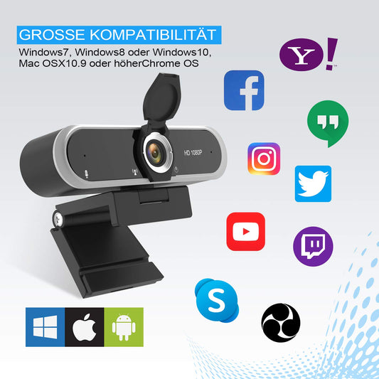 Webcam 1080P mit Mikrofon und Webcam Abdeckung, Stativ, Plug & Play, mit automatischer Lichtkorrektur, für Laptop, PC, Desktop, für Live-Streaming, Videoanruf, Konferenz, Online-Unterricht, Spiel