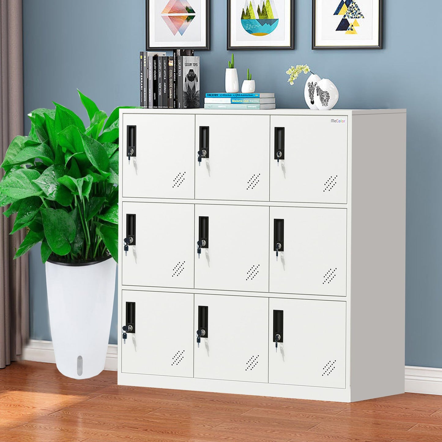 MECOLOR Metallspind 9D – Weiß, Abschließbarer Stahlschrank mit 9 Türen für Büro, Fitnessstudio und Zuhause