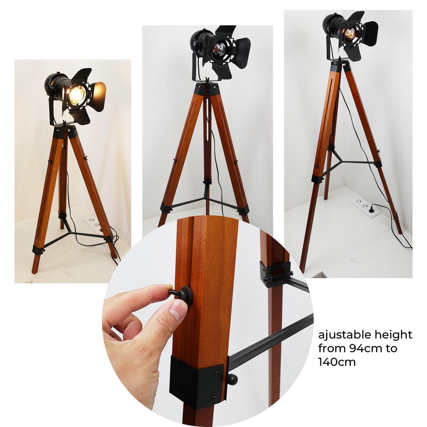 Alpinaluz Stehlampe aus Holz, Vintage, Kino Design mit schwarzem, schwenkbarem Kopf, höhenverstellbar, E27-Sockel, für Wohnzimmer