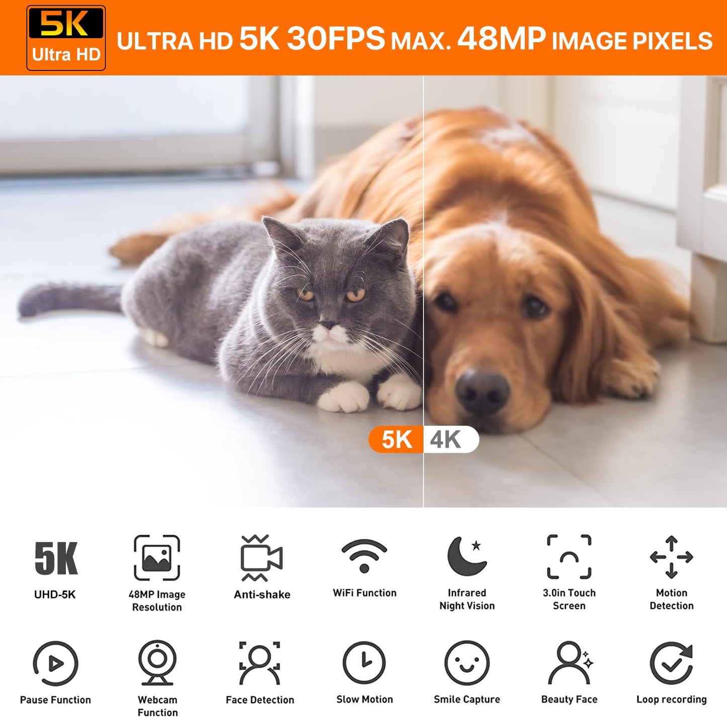 Videokamera 5K Camcorder WiFi HD 48MP IR Nachtsicht Vlogging Kamera für YouTube 16X Digital Zoom 3" Touchscreen Kamera Recorder mit Mikrofon, Handstabilisator, Objektivhaube, Fernbedienung,2 Batterien