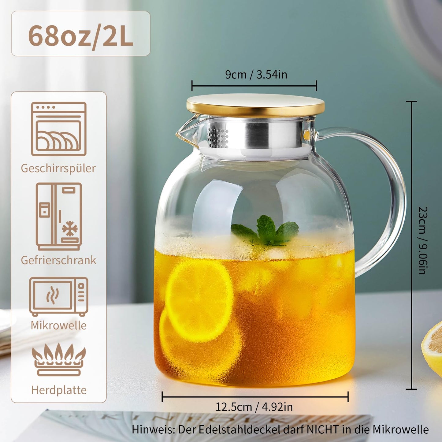 MESNEY Karaffe 2 liter, Wasserkaraffe, Glaskaraffe mit Deckel und Auslauf, Borosilikatglas Wasserkaraffe, Spülmaschinenfest, Getränkekanne für hausgemachten Eistee und Saft