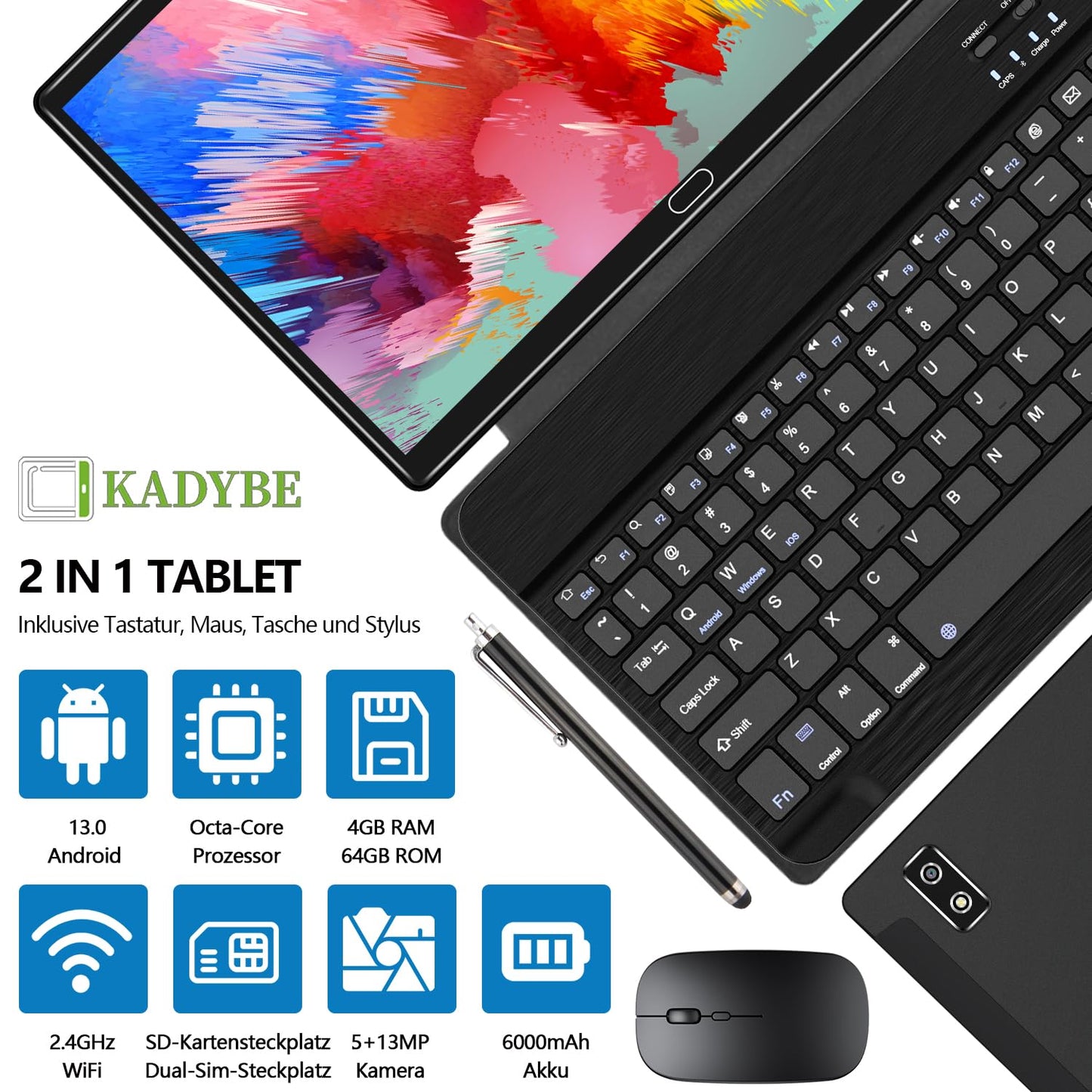KADYBE 2025 Neueste Android 13 Tablet 10 Zoll,2-in-1 Tablet Mit 2 SIM Slots 1 SD, 64GB ROM TF 512GB,Octa-Core,Tablets PC mit Tastatur Maus Schutzhülle,1080 LCD,5MP+13MP,WiFi GPS OTG-Typ C(Schwarz)
