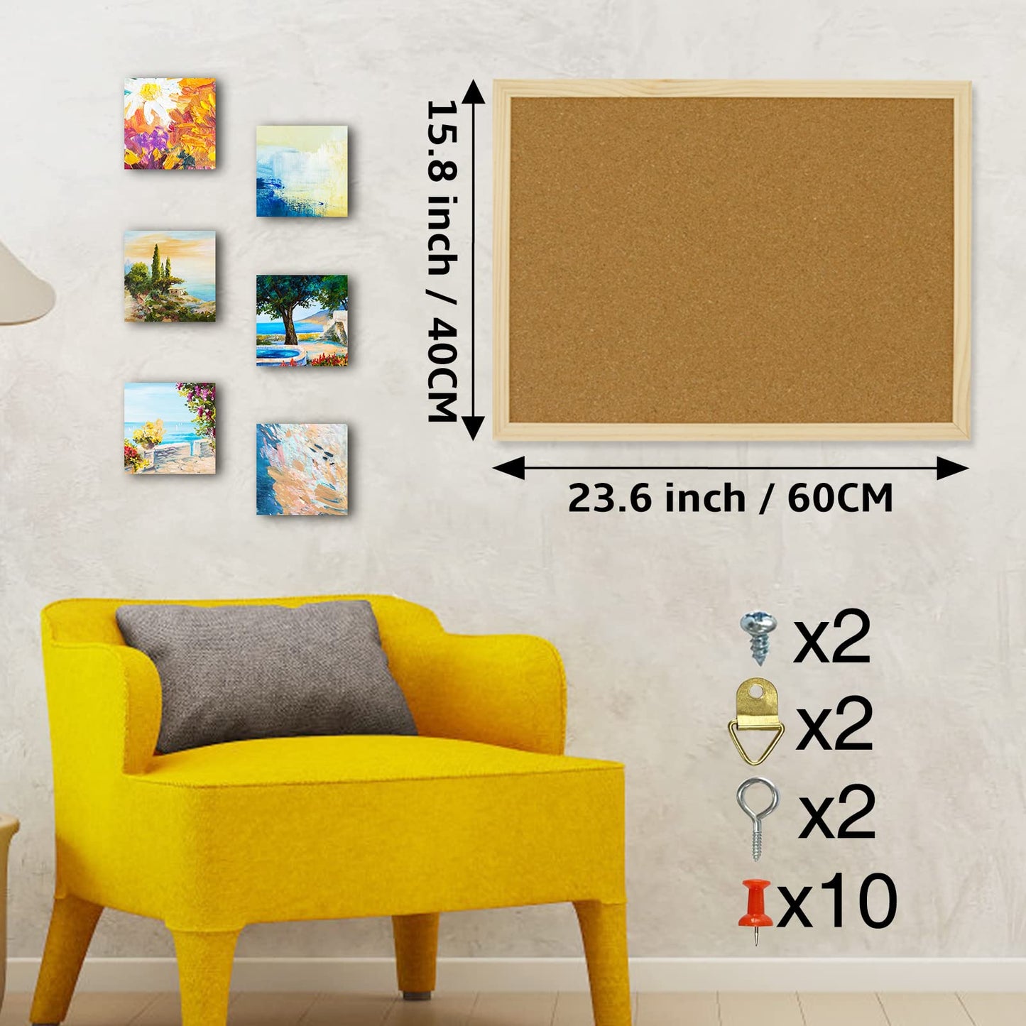 OWLKELA Pinnwand Kork 60x40, Pinnwand Kork Holzrahmen, Pinnwand aus Kork, Korkwand Pinnwand - Befestigungsmaterial und Druckstifte im Lieferumfang Enthalten, Holzrahmen