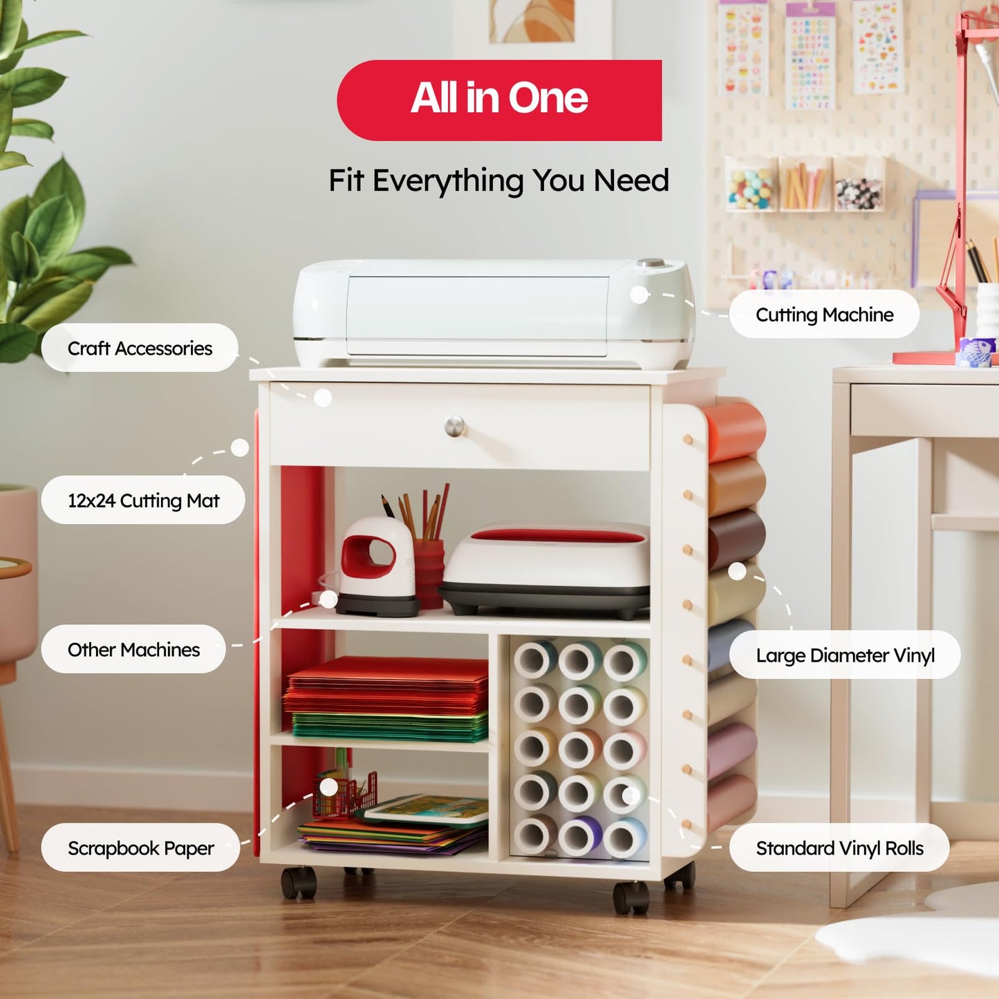 Crafit Bastelwagen und Organizer Tisch Kompatibel mit Cricut, Rollende Organizer und Aufbewahrung mit Vinylrollen Halterungen Bastelstation Werkzeughalter für das Bastelzimmer Home Office (Patentiert)