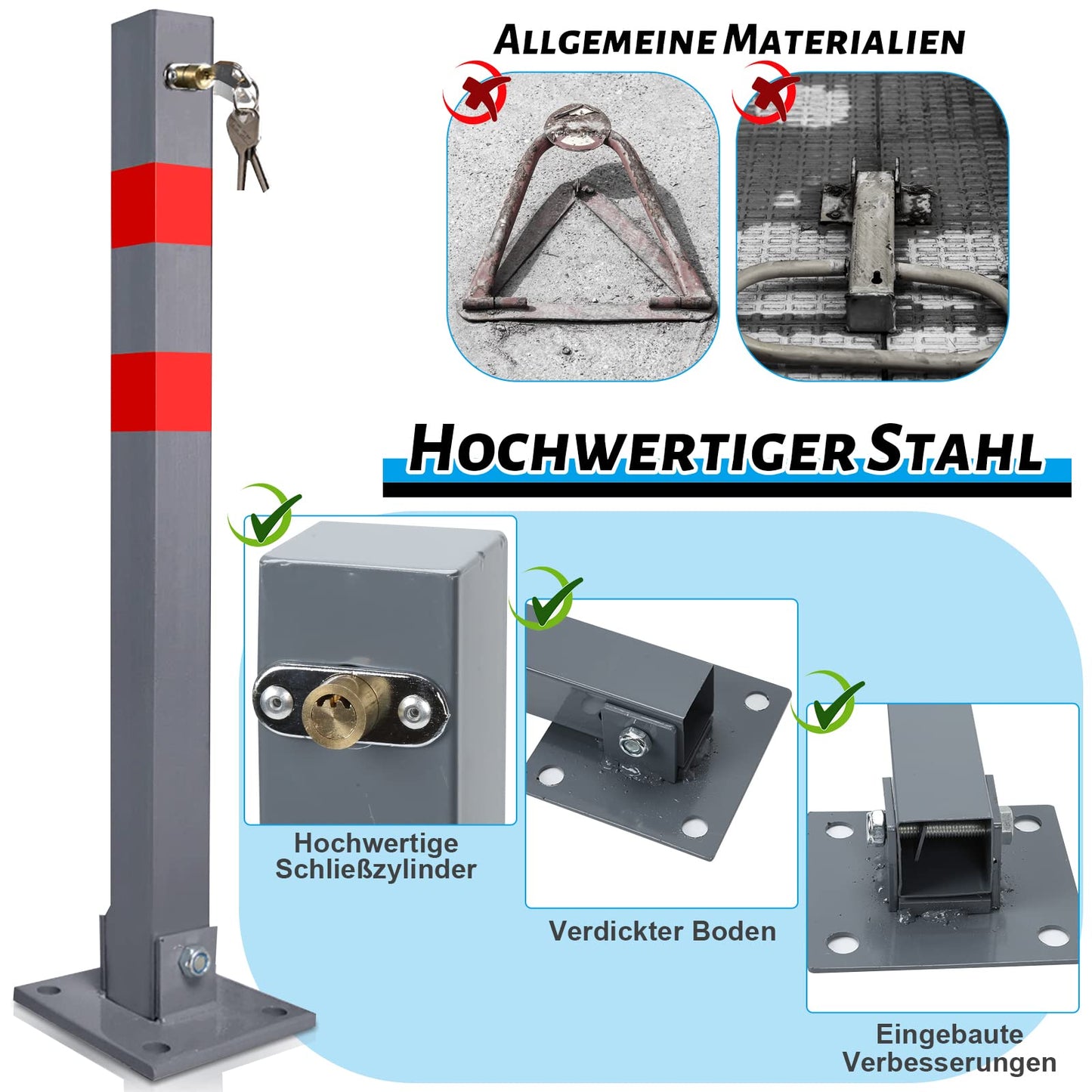 Ikodm 1 Stück Parkplatzsperre Klappbar Parkpfosten Absperrpfosten mit 3 Schlüssel mit Warnstreifen