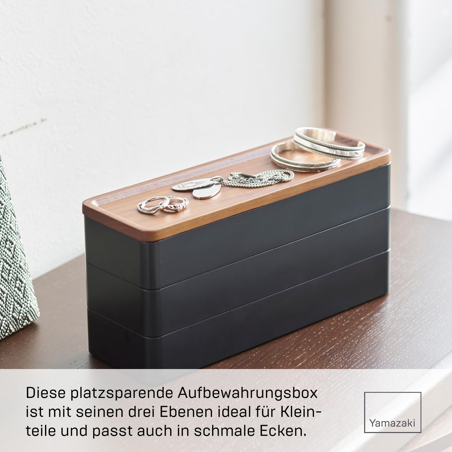 Yamazaki 5810 RIN 3-stöckige schmale Accessoirebox mit Deckel, schwarz, ABS-Harz/Holz, minimalistisch, 24 x 8 x 11.5 cm
