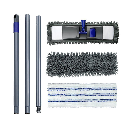 MASTERTOP Bodenwischer Set, Mikrofaser Wischmop Chenille Flachmopp mit Lang Griff, Multifunktionaler Wischer Boden mit 4 Wischpads für Hartholz, Laminat, Fliesenboden, Senden 1 Schaber