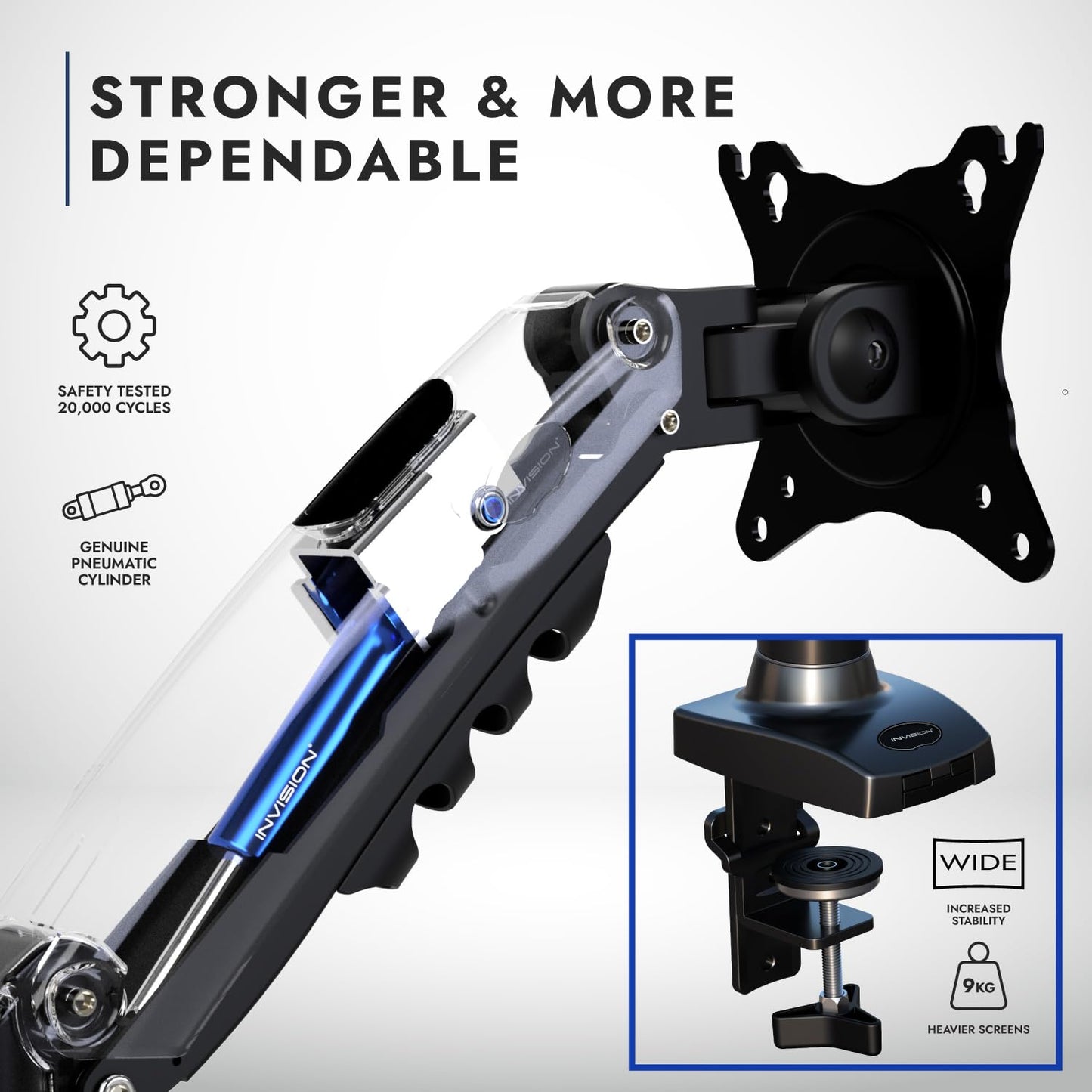 Invision Monitor Halterung für 19-32 Zoll Bildschirme, VESA 75 & 100 mm Einzelarm Ständer Schreibtischklemme, Höhenverstellbar mit Neigungen, Schwenken, Dreht, Erhöhte Tragfähigkeit von 2-9 kg (MX200)