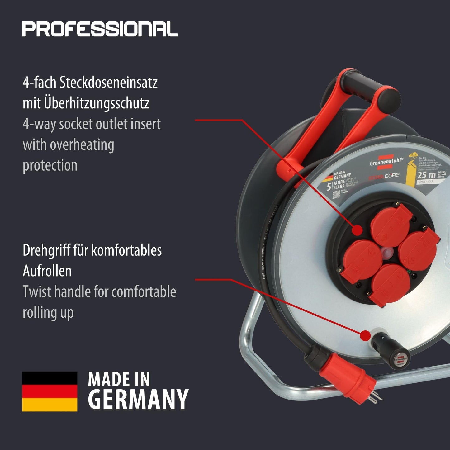 Brennenstuhl Professional SteelCore Kabeltrommel SC 2100 IP44 (25m H07RN-F 3G1,5, Trommelkörper aus Stahlblech, Baustelleneinsatz und ständiger Einsatz im Freien, Made in Germany)