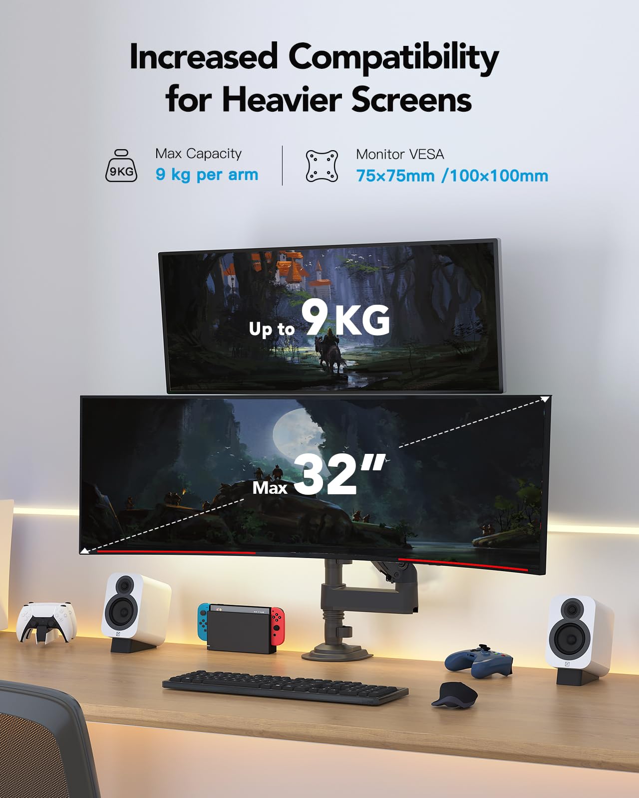 HUANUO Monitor Halterung 2 Monitore für 13-32 Zoll Bildschirm, Monitorhalterung 2 Monitore Höhenverstellbar mit 9KG Pro Arm, Bildschirmhalterung Neigbar Schwenkbar, VESA 75/100mm