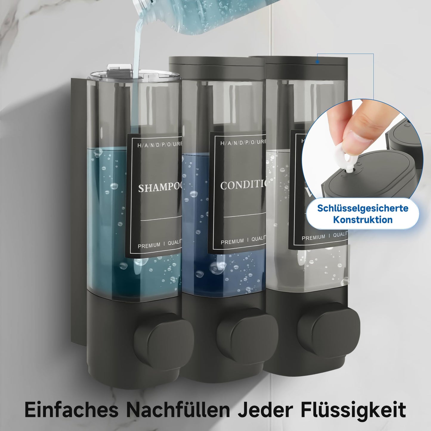 MEKOTRIN Seifenspender Wandbefestigung mit 3 Kammern – Wandmontage ohne Bohren oder Schrauben, Nachfüllbarer Duschgelspender 3×300 ml – ABS Kunststoff, Grau, ideal für Bad, Küche & Hotel