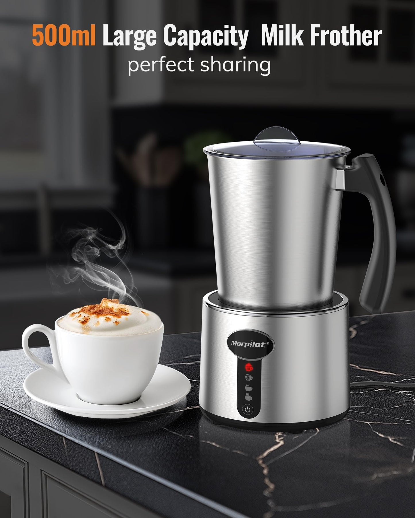 Morpilot Milchaufschäumer Elektrisch 4 in 1, 100-500ml, Milchschäumer für Heißer und Kalter Milchschaum und Schokolade, Antihaftbeschichtung, Spülmaschinenfest, Edelstahl