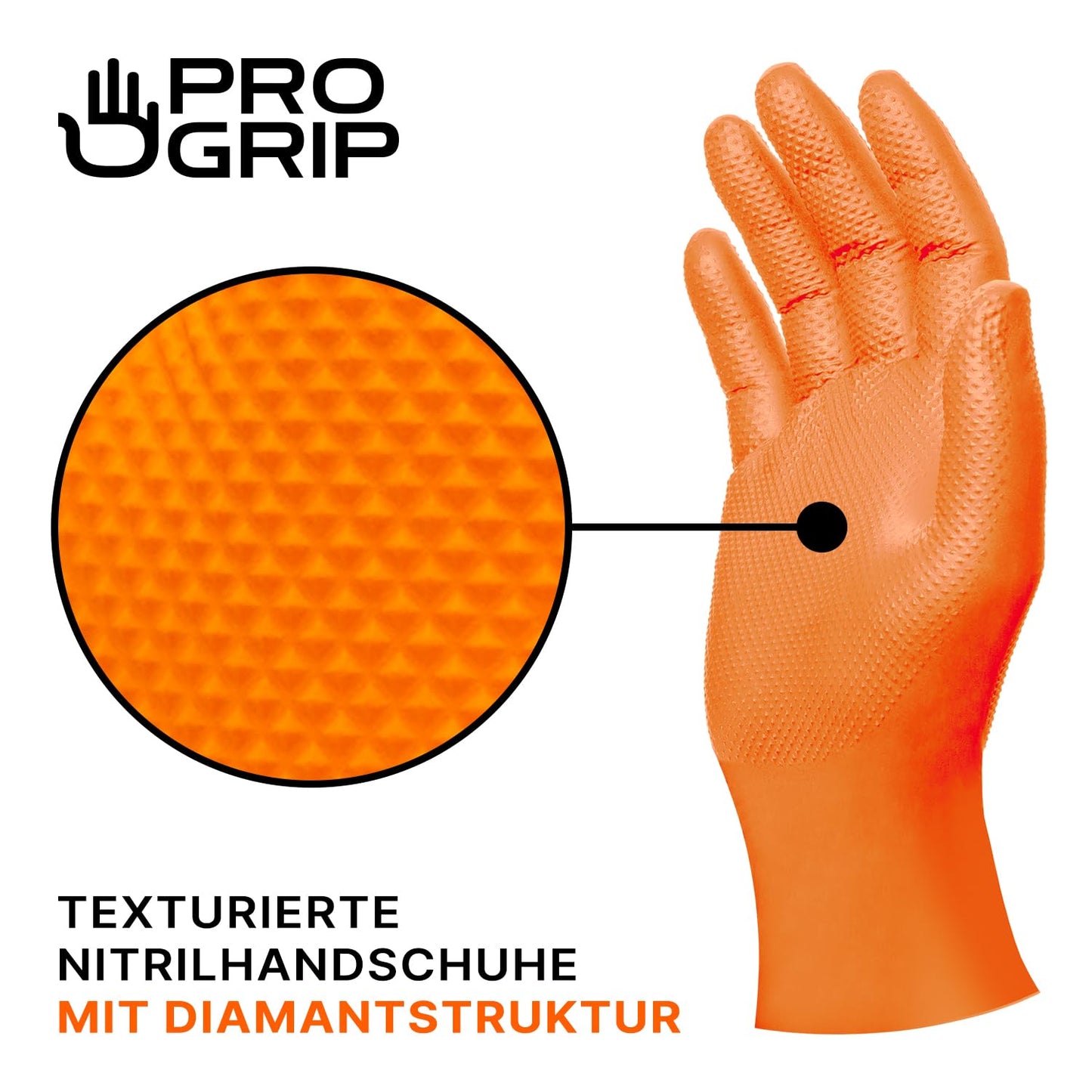 PROGRIP Einweghandschuhe Diamant Grip, Orange, Einmalhandschuhe Extra Stark, Nitrilhandschuhe Gr. L, 2x dicker, Handschuhe Einweg, Arbeitshandschuhe für Werkstatt & Montage, 500 Stück (10x50 Stk)