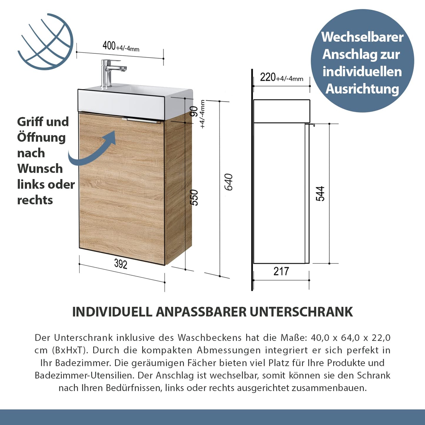 Planetmöbel Waschtischunterschrank mit Keramikwaschbecken 40cm in Gold Eiche mit Armatur in Schwarz matt, Badmöbelset für Badezimmer, Gäste WC