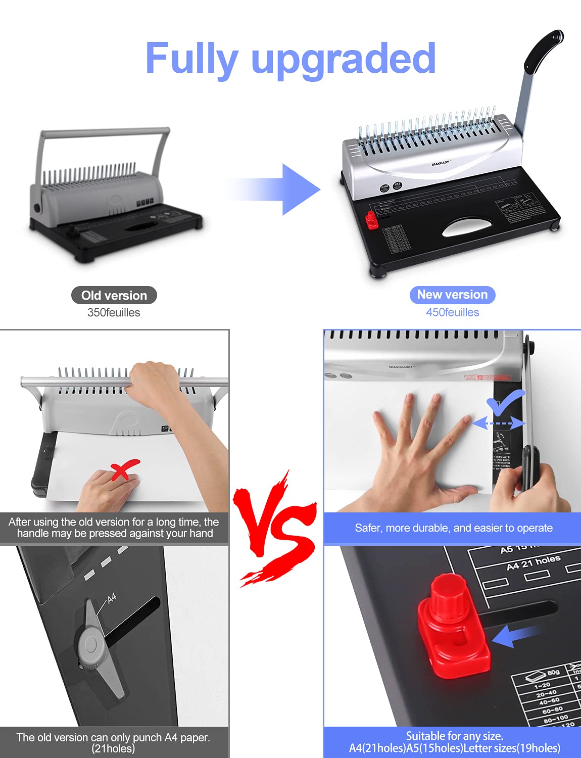 MAKEASY Bindegerät, Bindemaschine, 21 Löcher, bindet 450 Blatt, 12 Blatt Stanzkapazität, mit Starterkit 100 Stück PVC Bindung Stacheln, ideal für tägliche Office-Dokumente