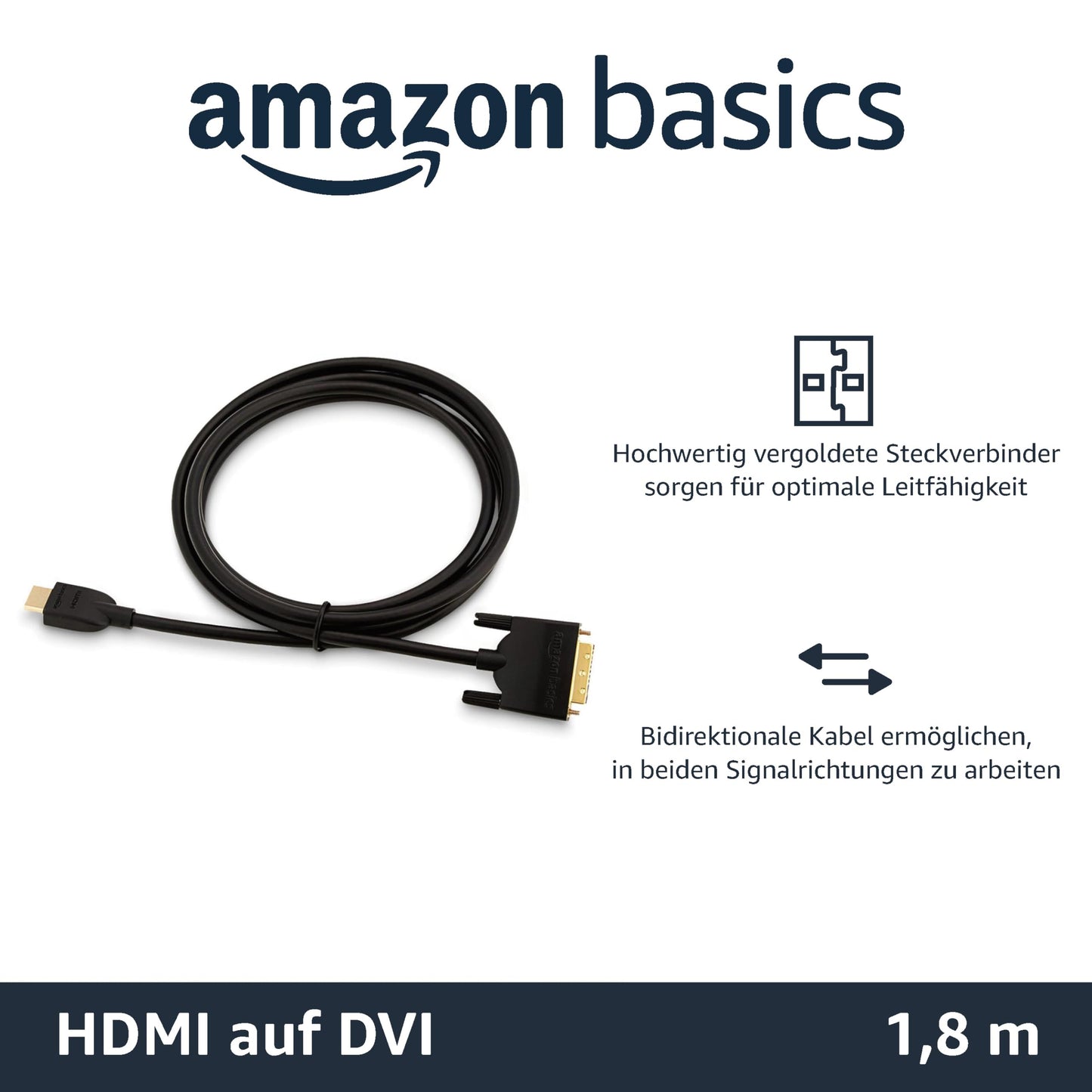Amazon Basics - HDMI-A-auf-DVI-Adapterkabel für Fernseher, bidirektional, 1080P, vergoldet, 1.8 m, 1 Stück, Schwarz