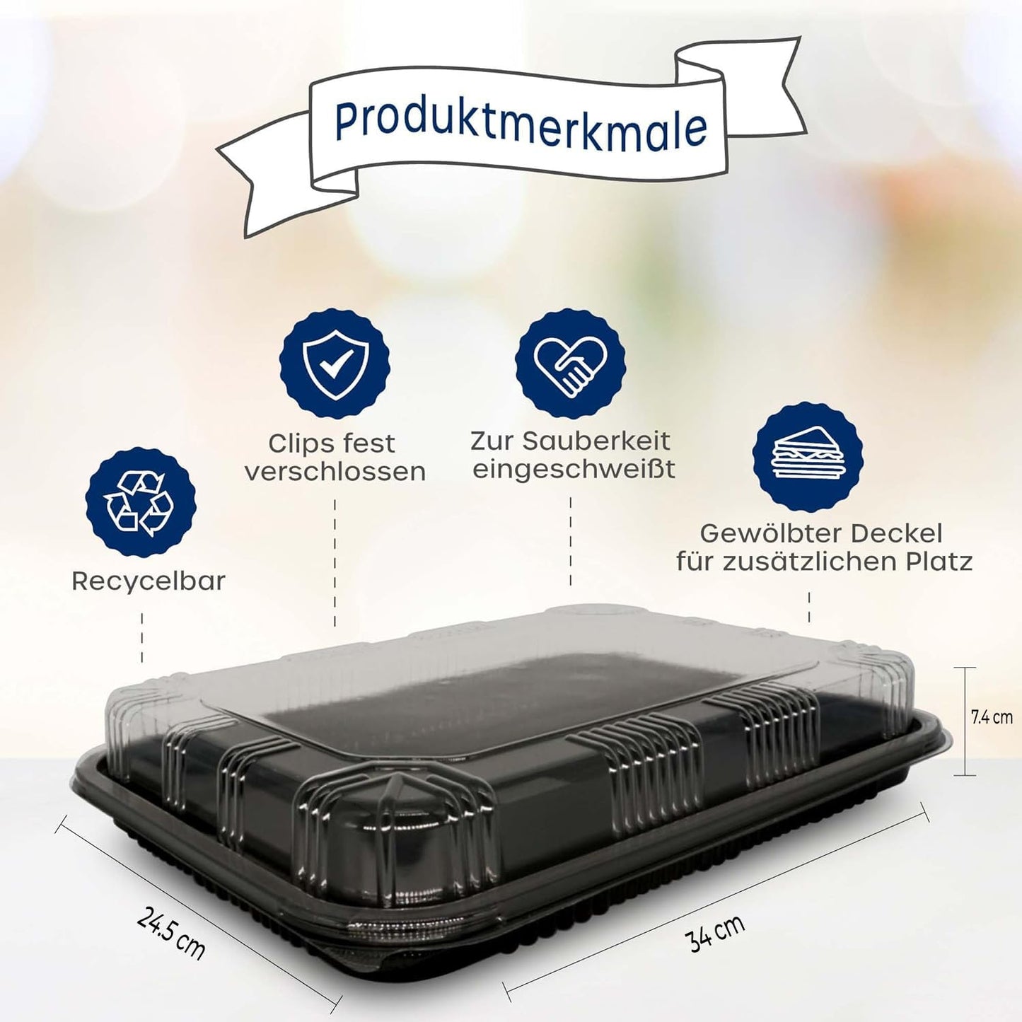 ebake Mehrweg Servierplatte mit Deckel (5 Stk. Ă 34 x 24,5 x 7,4 cm) - Meal Prep Boxen fĂŒr Partys usw. - Inklusive Sticker-Etiketten