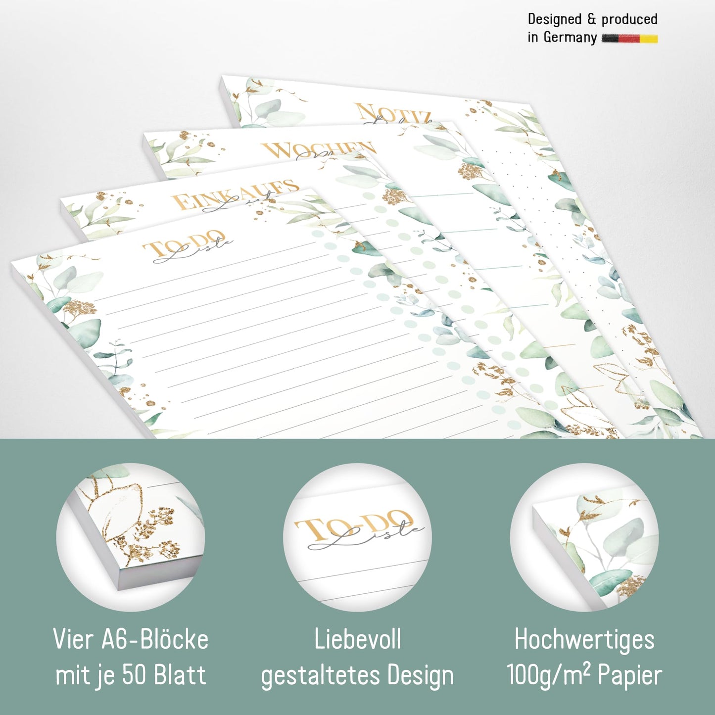 paper&you® 4 Blöcke DIN A6: To-do Listen Block, Einkaufsliste, Wochenplaner & Notizblock "Blattgold" 4 x 50 Seiten - nachhaltig & klimafreundlich