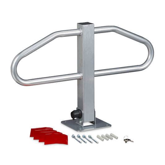 Relaxdays Parkplatzsperre, manueller Parkbügel, 2 Schlüssel, Leuchtmarkierungen, HBT: 47x70x18 cm, silber