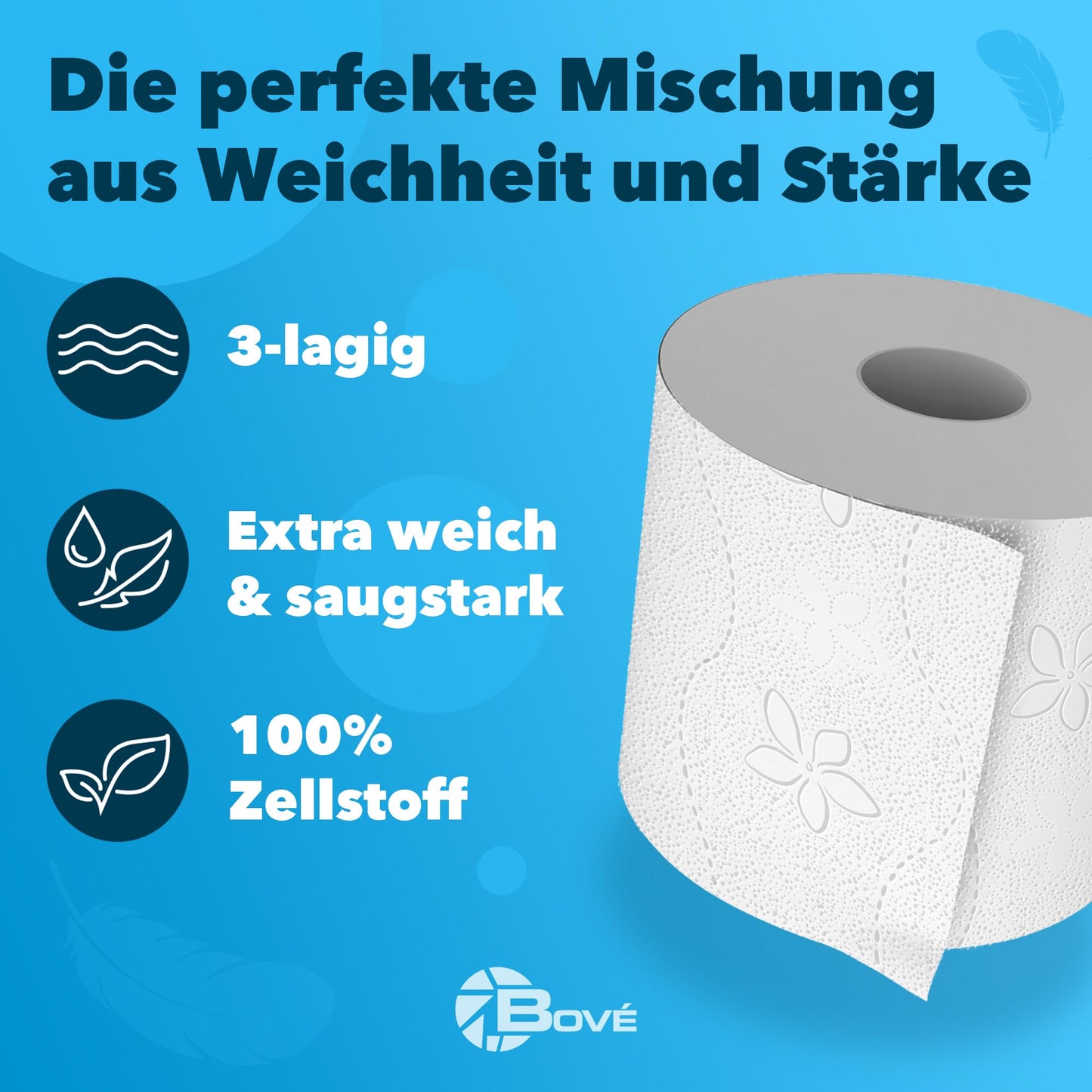 BOVE Toilettenpapier 3-lagig 168 Rollen Gigapackung - 250 Blatt pro Rolle - Extra Weich, Stark & Saugstark - FSC & EU Ecolabel Zertifiziert - Preis-Leistungs-Knaller