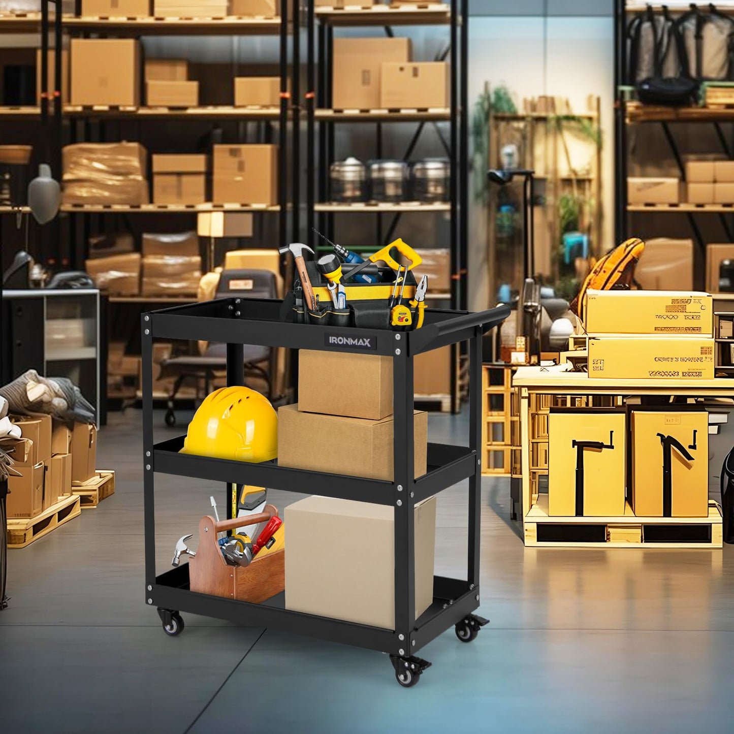 GYMAX Werkzeugwagen 3 Etagen – Mobiler Werkstattwagen mit 3 Ablagen, 4 Universalrollen & Griff, belastbar bis 120 kg, Servicewagen für Garage, Lager & Werkstatt, Schwarz