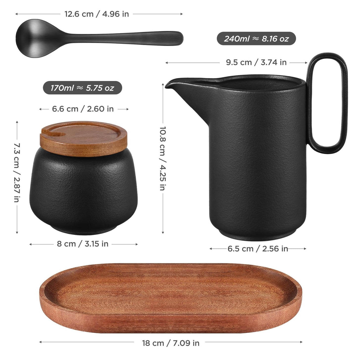 ecooe Milch und Zucker Set - Milchkännchen Schwarz Keramik und Zuckerdose, mit Deckel und Metalllöffel, Zuckerdose Barista Milchkännchen mit Holztablett Set, Keramik Sahnekännchen Milchbehälter