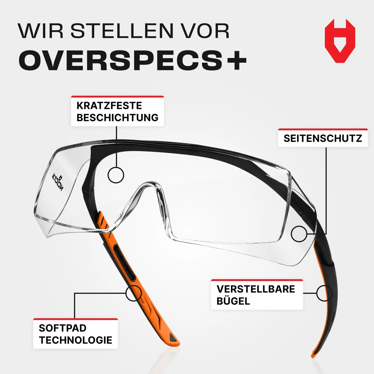 NoCry Sicherheits-Überbrille mit Kratzbeständigen Gläsern, Seitenschutz, Verstellbaren Bügeln, 400 UV-Schutz, schwarz oranger Rahmen und EN166, EN170, EN172, EN175 Zertifiziert