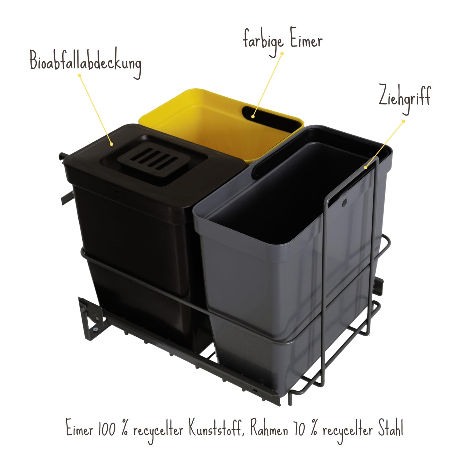 LM 64/3a Einbau Mülleimer ausziehbar mit 3 Abfalleimer (1x11L, 2x8L) in Farben anthrazitgrau, gelb, braun - Trio Mülltrennsystem für die Küche Unterschrank- anthrazit 32,8 x 43,3 x 35,4cm