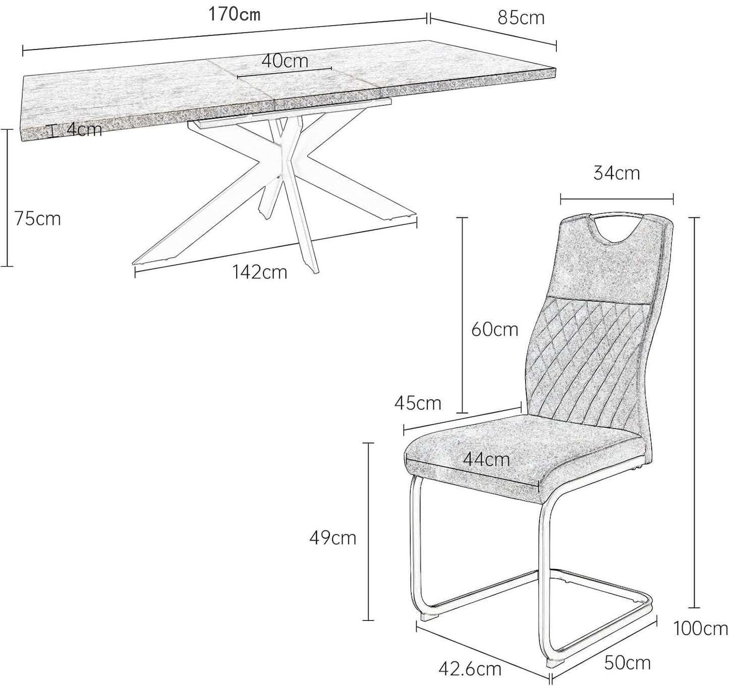jiexi Essgruppe für 4-6 Personen, Ausziehbarer Esstisch 130-170 cm, Grauer MDF-Holztisch mit 6 Stühlen für Küche und Wohnzimmer