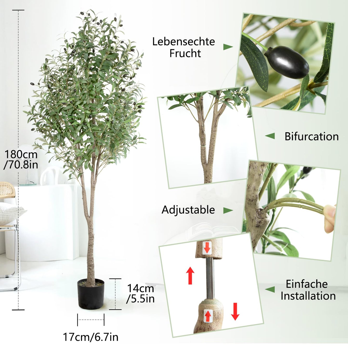 Oc'leaf Olivenbaum Künstlich - 180cm Künstliche Pflanzen Groß Olivenbaumpflanze, Künstlicher Olivenbaum im Topf, Olivenbaum Deko für Zuhause, Wohnzimmer, Schlafzimmer, Büro, Garten