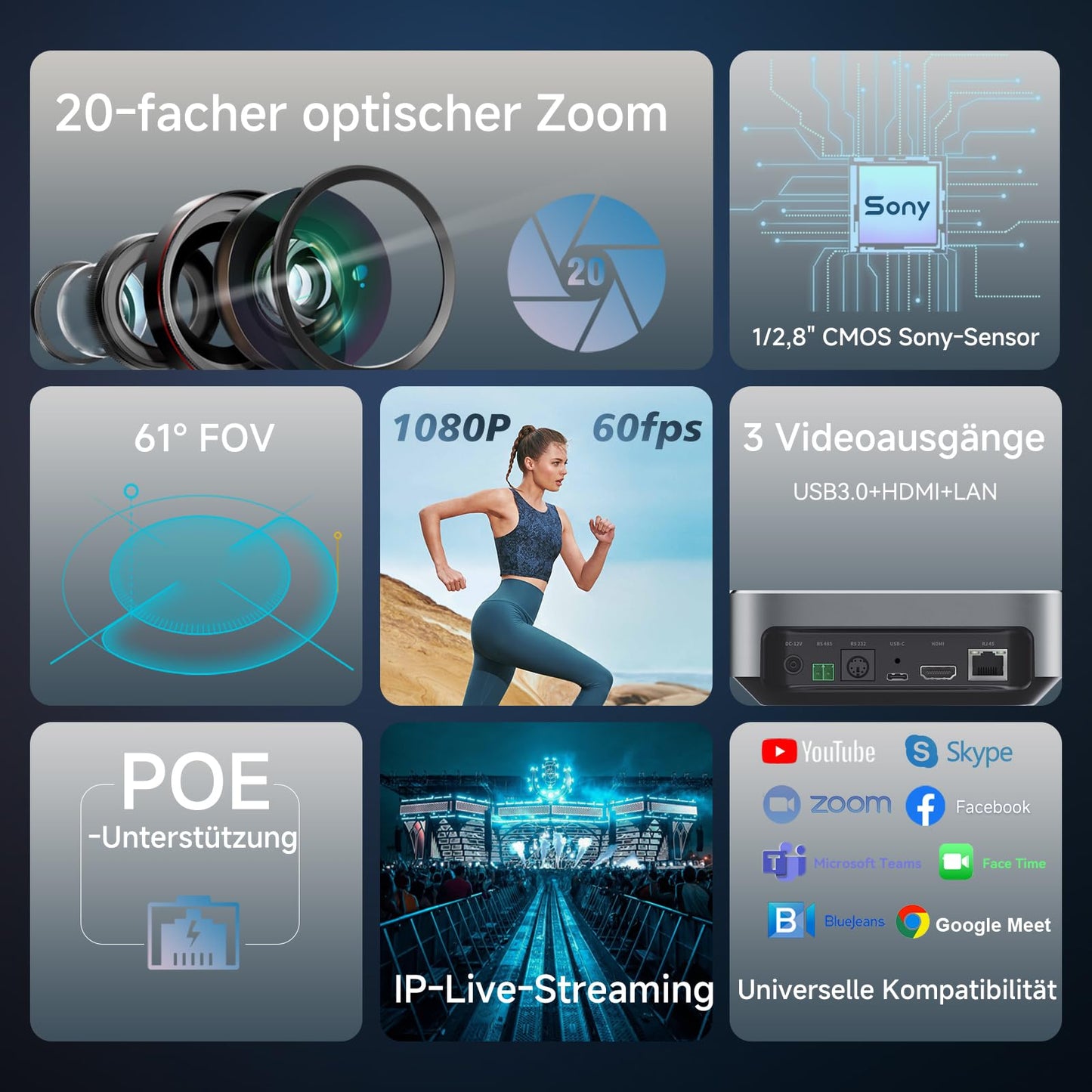 PTZ-Kamera mit 20-Fach optischem Zoom,TONVEO USB HDMI LAN IP Live-Streaming-Kamera,1080P 60fps Video-Konferenzkamera für Kirchendienste,Bildung und Arbeit mit Zoom,Team,vMix,OBS, Facebook und YouTube