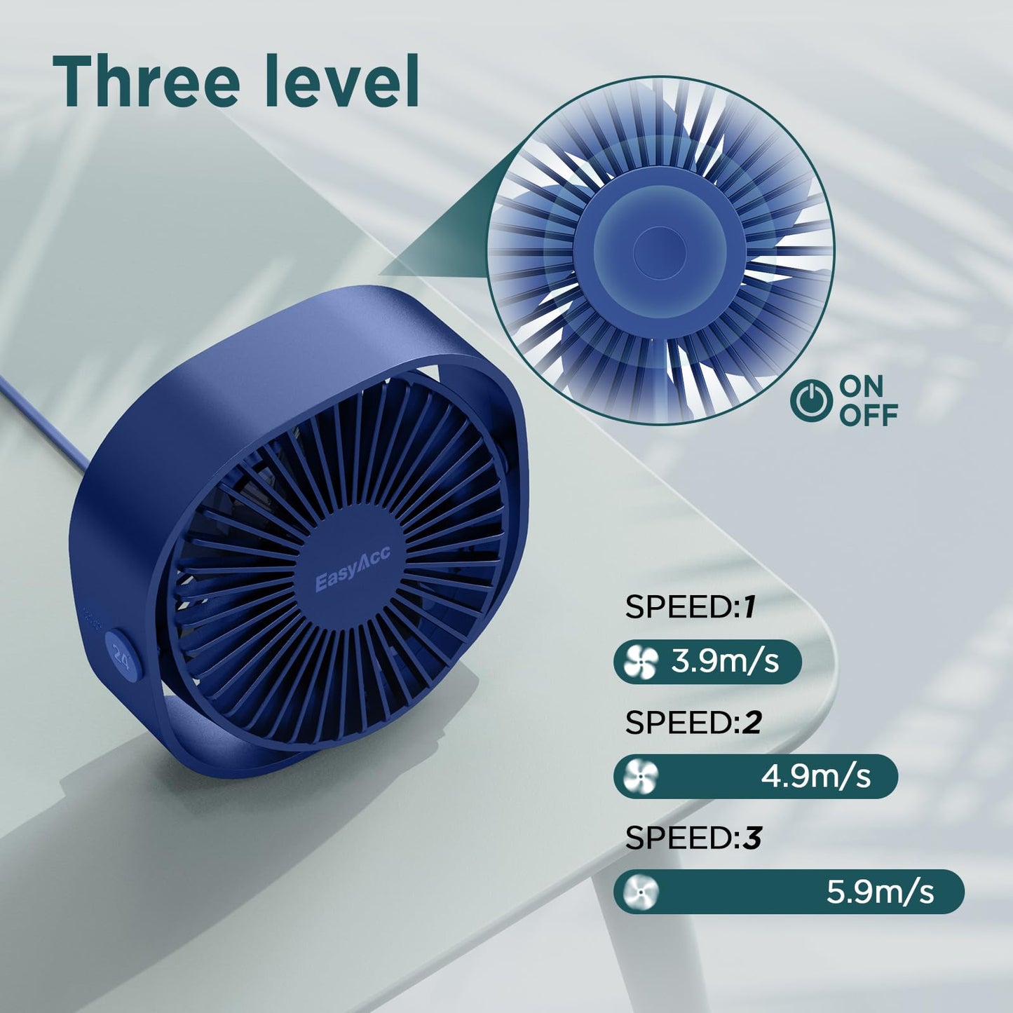 EasyAcc USB Ventilator, Mini Ventilator USB Tischventilator leise Klein 2 Jahre Garantie Starker Exquisit LĂŒfter 3 Geschwindigkeiten 360 Grad Drehung Desk Fan fĂŒr Schreibtisch Zuhause BĂŒro
