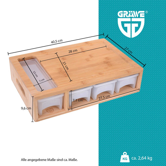 GRÄWE Bambus Schneidebrett groß, 40 x 27 cm, Holzbrett für Linkshänder, Küchenbrett mit Auffangschalen, klingenschonend, rechteckig
