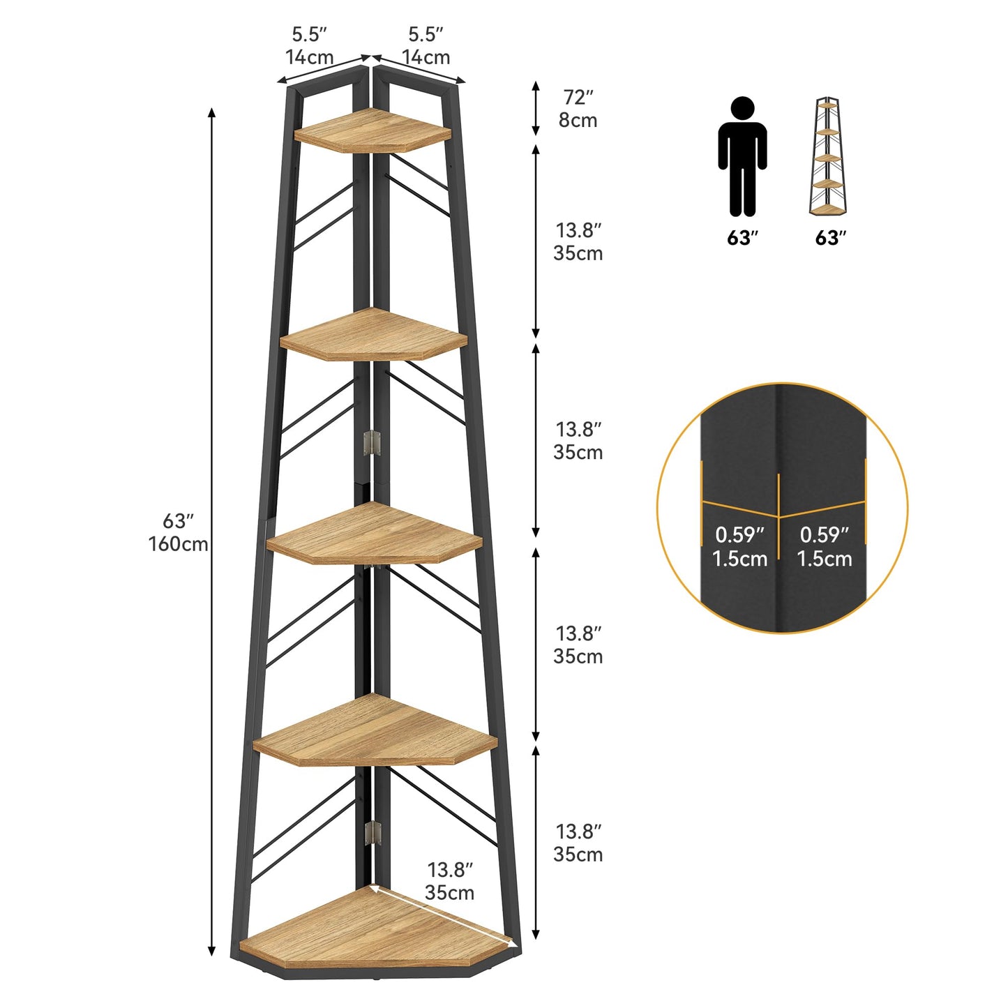 DWVO Eckregal 5 Ebenen Eichenfarbe, Industrielles Leiterregal mit Metallrahmen für Wohnzimmer, Küche und Schlafzimmer
