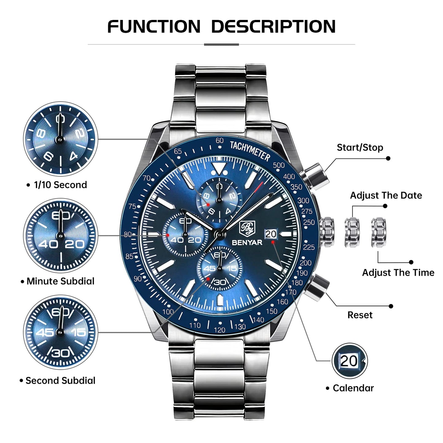 BENYAR herrenuhren Chronograph Analogue Quartz Armbanduhr für männer Lederband Herren Fashion Business Sport Design 30M wasserdicht Elegantes Geschenk für männer