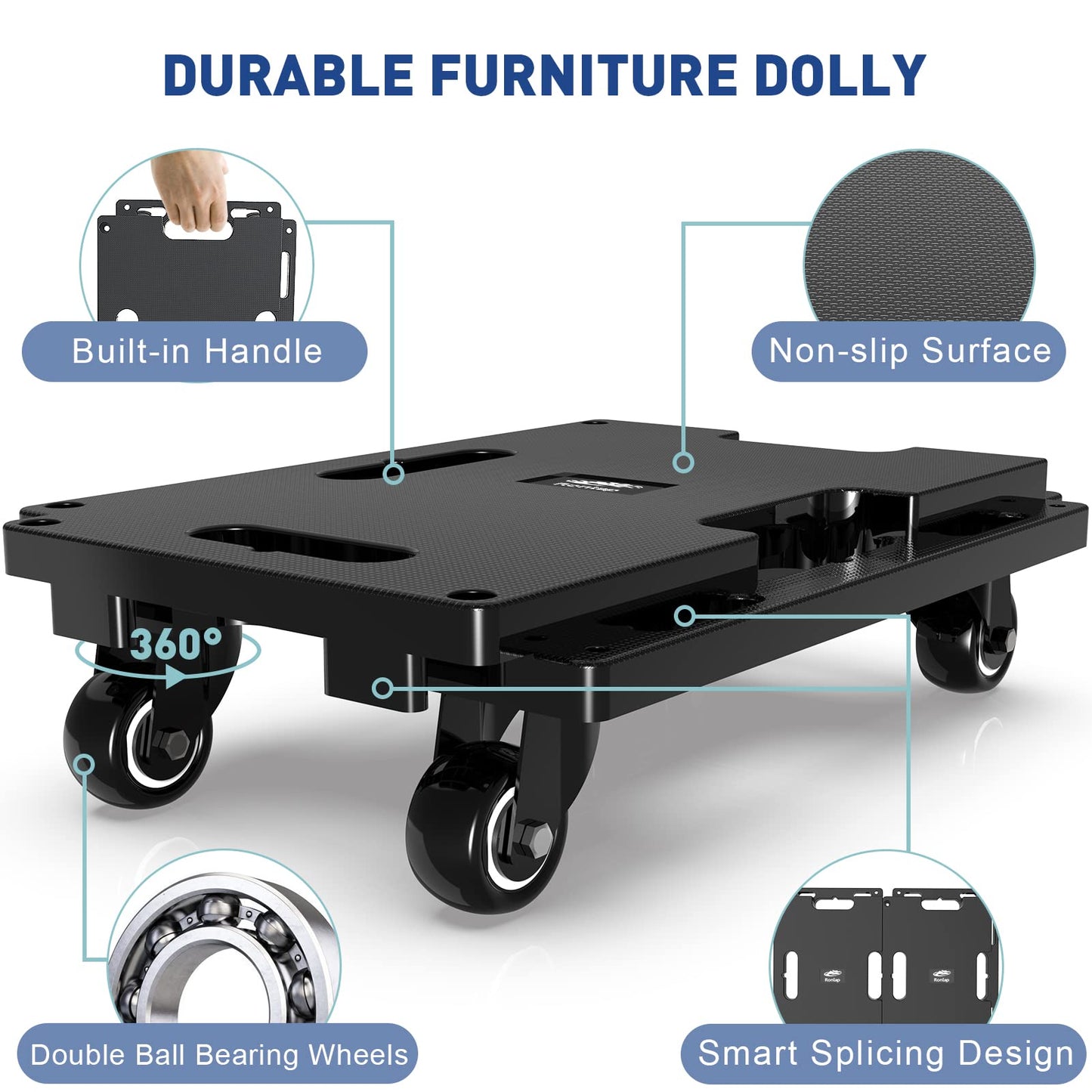 Ronlap 4er Transportroller Möbelroller Tragkraft bis 800 kg Rollbrett Umzugshelfer Erweiterbar, mit 8 elastischen Seilen, Schwarz