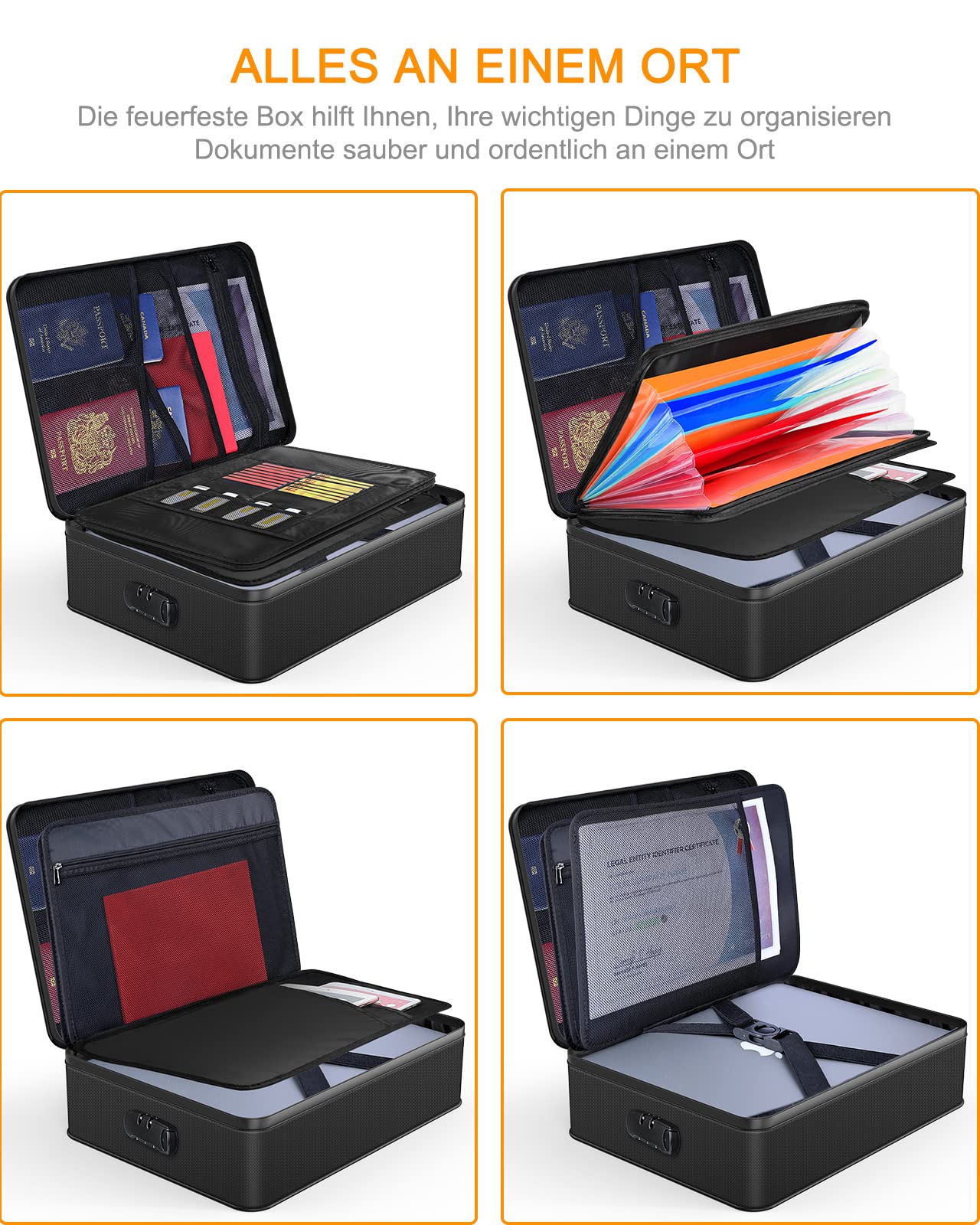 JUNDUN feuerfeste Dokumententasche mit Schloss, Aufbewahrungsbox mit 7 Fächern, Akten-Organizer, tragbare Aktentasche für wichtige Dokumente, Akte (Schwarz)