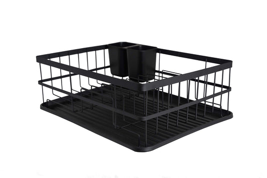 JOHSEATY Abtropfgestell Geschirr Schwarz Matt Metall (42x31,5x15,5cm) Geschirrabtropfgestell mit Besteck Halterung und Abtropfschale aus Plastik für die Spüle Geschirr Abtropfständer