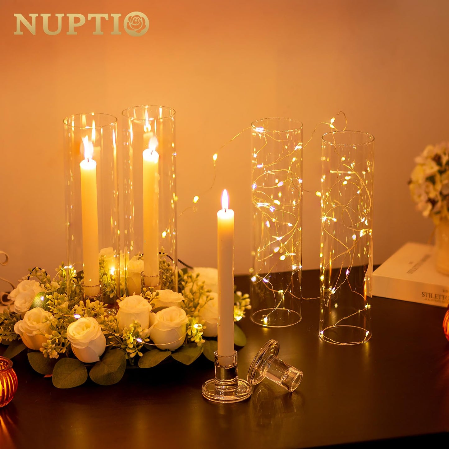 NUPTIO Glaszylinder für Kerzen Kerzenhalter Klarglas - Satz von 2 Kerzenständer Stabkerzen Stabkerzenhalter Groß Bodenlosen Zylinder Schatten Hochzeit Party Tisch Tafelaufsatz Dekor