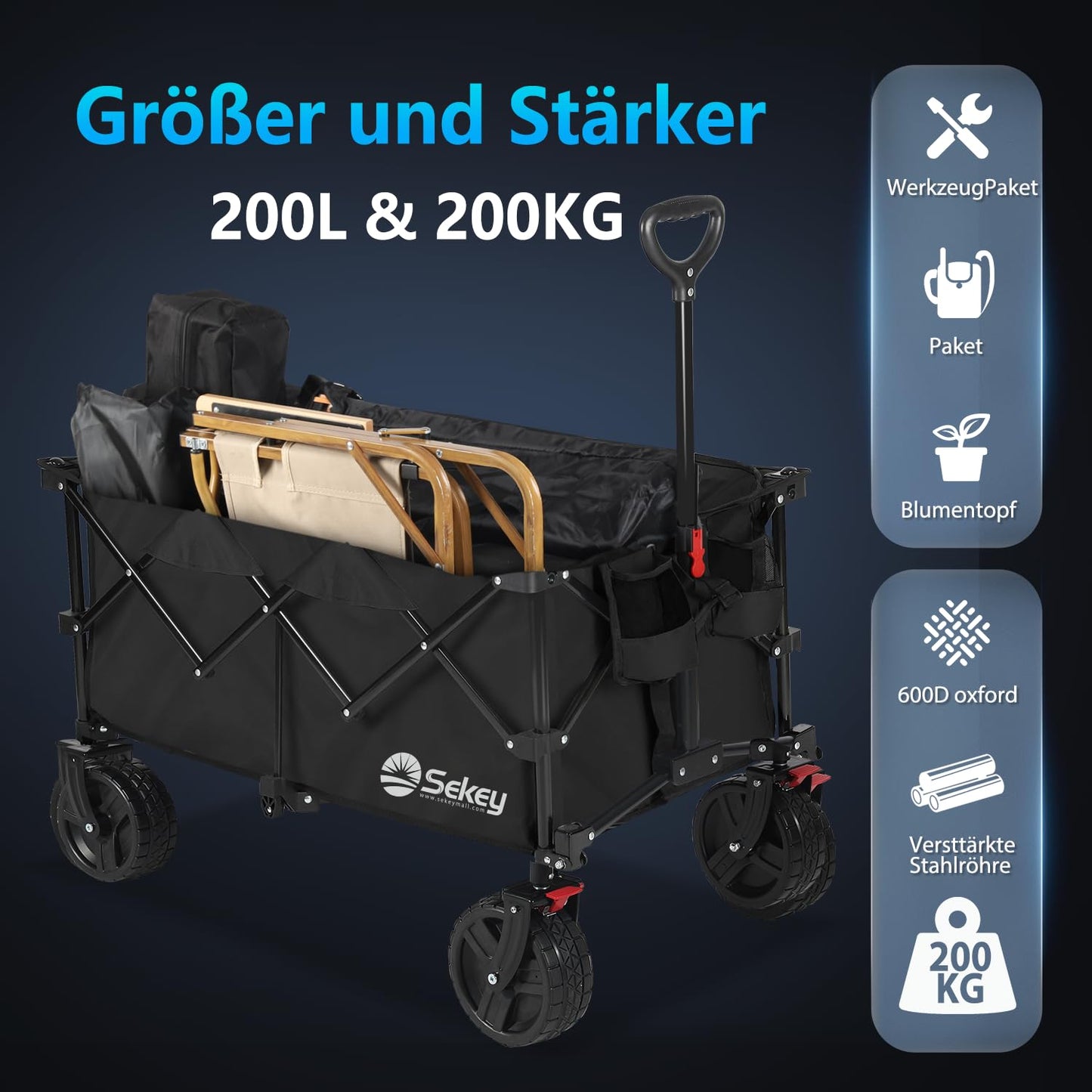 Sekey XXL Plus Bollerwagen Faltbar mit Bremsen – 200 L Volumen, 200 kg Tragkraft, Extra Breite All-Terrain-Reifen, Patentierter Faltmechanismus, Modell XXL-PlusB 4011, Schwarz