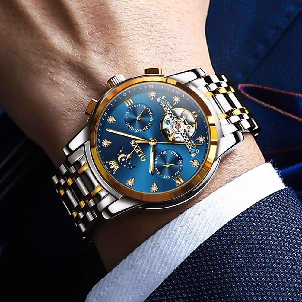 OLEVS Herrenuhren Automatik Mechanische Blau Armbanduhr mit Skelettiertem Tourbillon Kalender Wasserdicht Leuchtende Klassische Luxus Armbanduhren für Herren