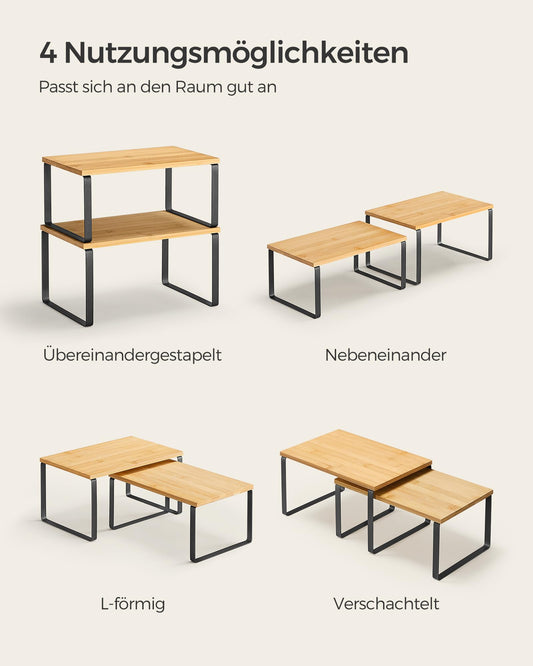 SONGMICS Gewürzregal, 2er Set Küchen-Organizer, Küchenregal, Schrank-Organizer Küche, erweiterbar, kleines Regal, stapelbar, Metall und Holzwerkstoff, tintenschwarz-naturbeige KCS02NB