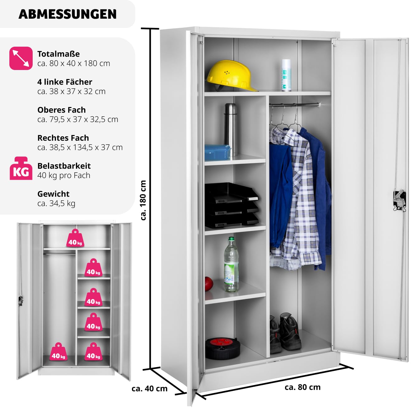 tectake Abschließbarer Aktenschrank Grau 180x80x40 cm – Metall-Mehrzweckschrank mit 6 Fächern, Kleiderstange und Einlegeböden – Perfekt für Büro, Garage oder Haushalt
